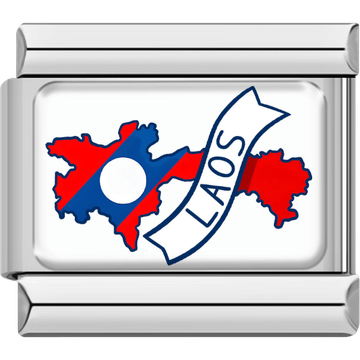 Italian charm with a silver border featuring the map of Laos in blue and red flag stripes with a white circle at the center, and a banner that says “Laos.”